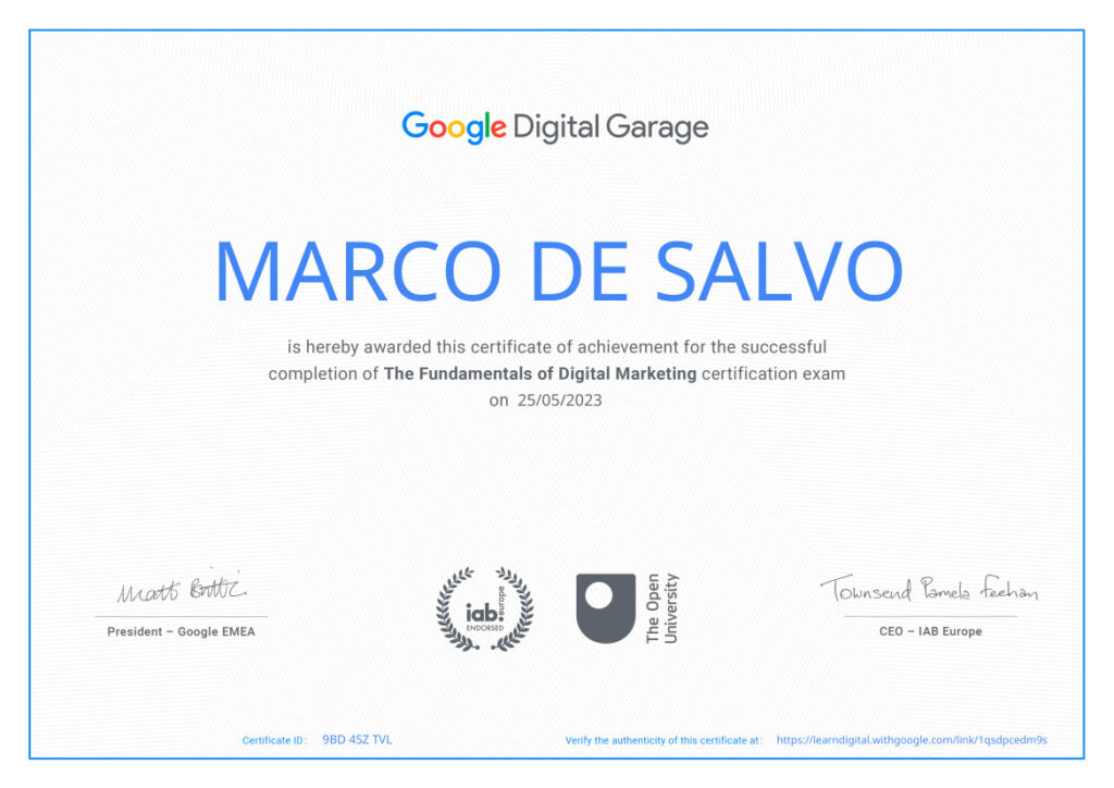 Certificato Google Digital Garage